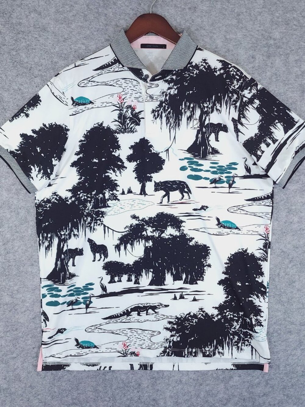 Greyson x Pinehurst Angel Oak Golf Polo Large White Black Wildlife Animal Print